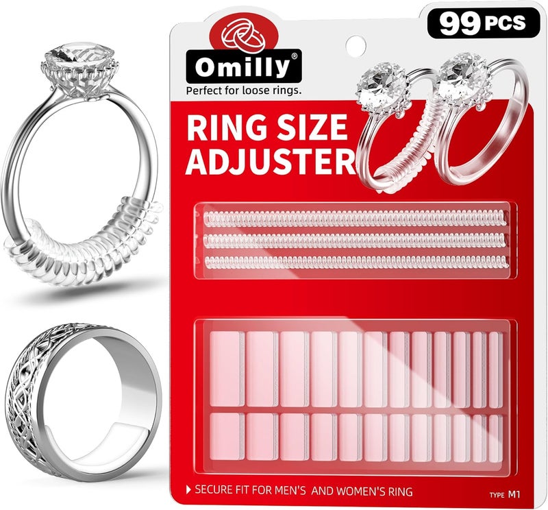 Omilly Ring Size Adjuster for Loose Rings, 11 Sizes Invisible Ring Guards & Spacers, 99 Pcs Ring Sizer Reducer Fits Width 1-10mm for Women Men - Image 1